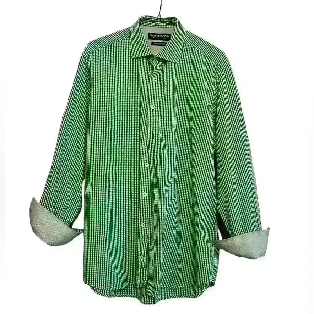 Nick Graham green and white checked men’s button down. Modern fit.‎ Neck size 16